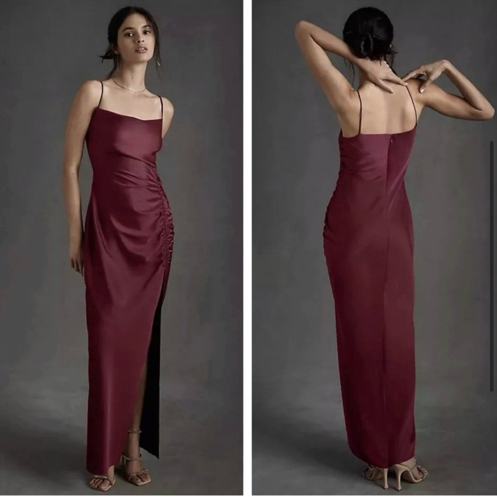 BHLDN Jennings Ruched Side Slit Satin Charmeuse Dress NEW Size 12 Dark Berry